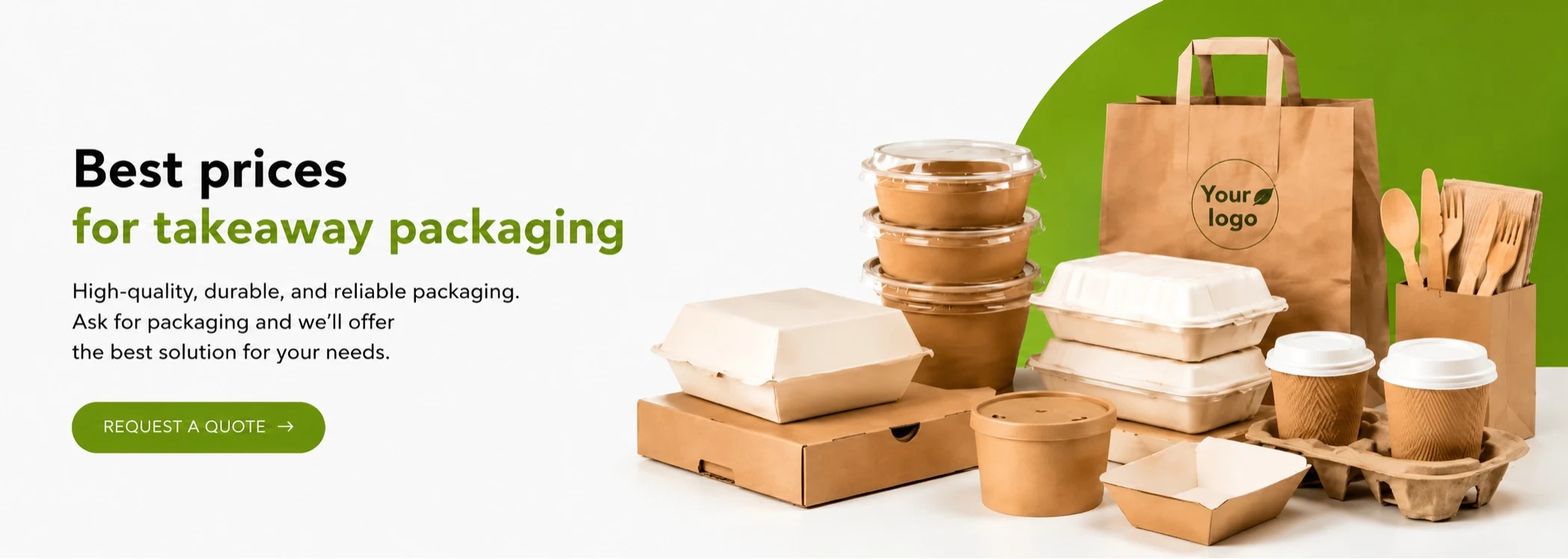 Food packaging banner with eco-friendly takeaway containers, paper cups, kraft bags and disposable packaging solutions for businesses at competitive wholesale prices.
