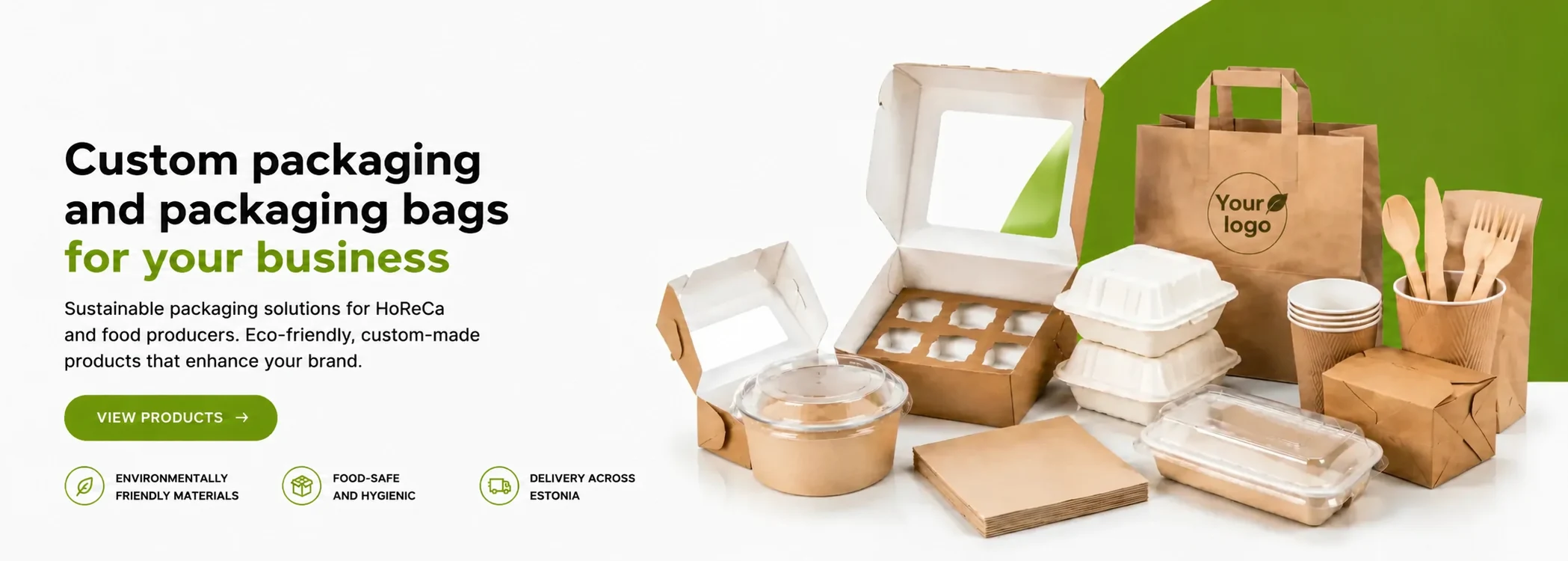 Custom packaging and eco-friendly takeaway packaging for businesses – branded paper bags, food containers and disposable packaging solutions for HoReCa.