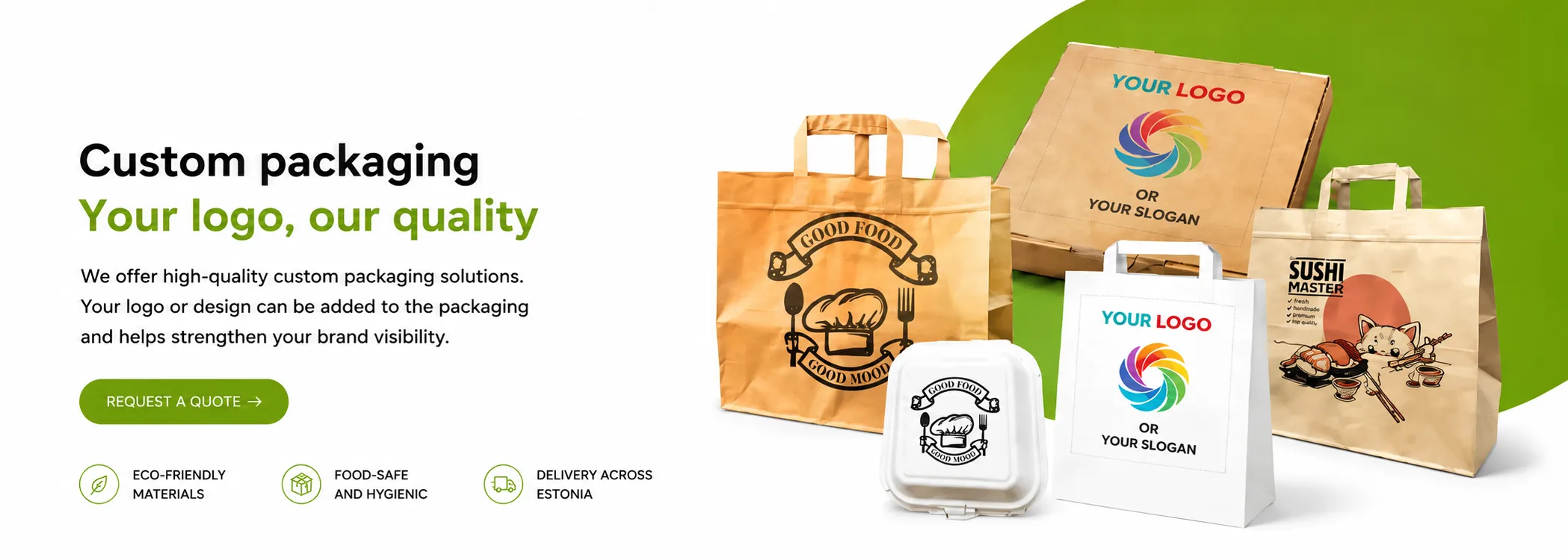 Custom packaging printing banner with eco-friendly disposable packaging, branded paper bags, takeaway boxes and food packaging solutions for businesses in Estonia.